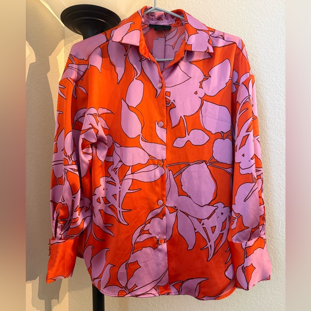 House of Harlow Lilac orange silk satin button up floral long sleeve blouse top